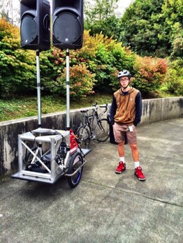  Silas made the mistake of blurting out, in a production meeting, the fact that he had biked from Federal Way to Washington DC. He now pilots the mobile bike PA system. 
