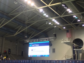  USA Swimming digital scoreboard, rigged over competition pool 
