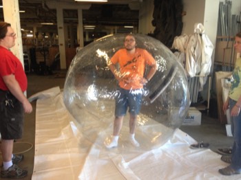  Bryan and Jenny watch Forrest inside a Zorb ball. We needed to know how long someone could stay in one before passing out. 